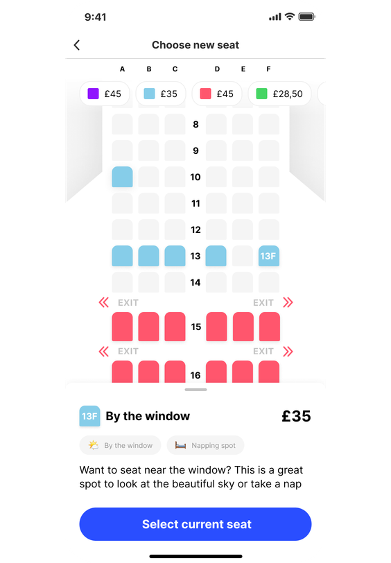 Seat upgrade selection screen