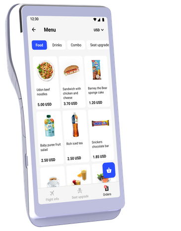 LiFE onboard POS device showing the in-cabin menu