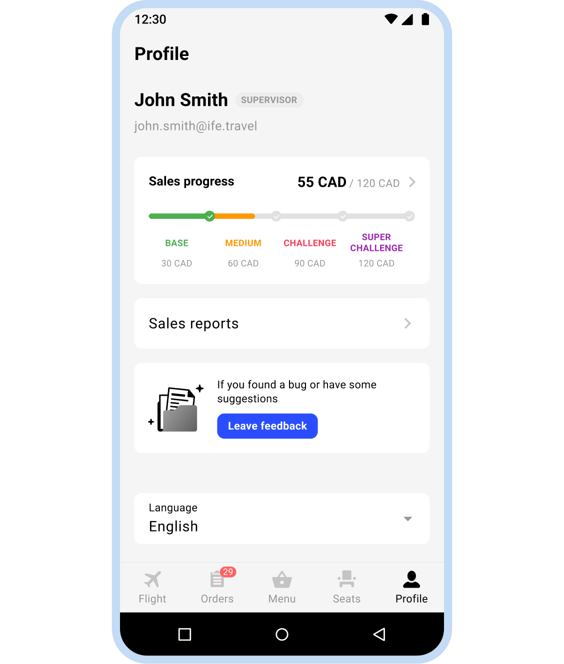 Crew gamification profile screen in the LiFE POS app